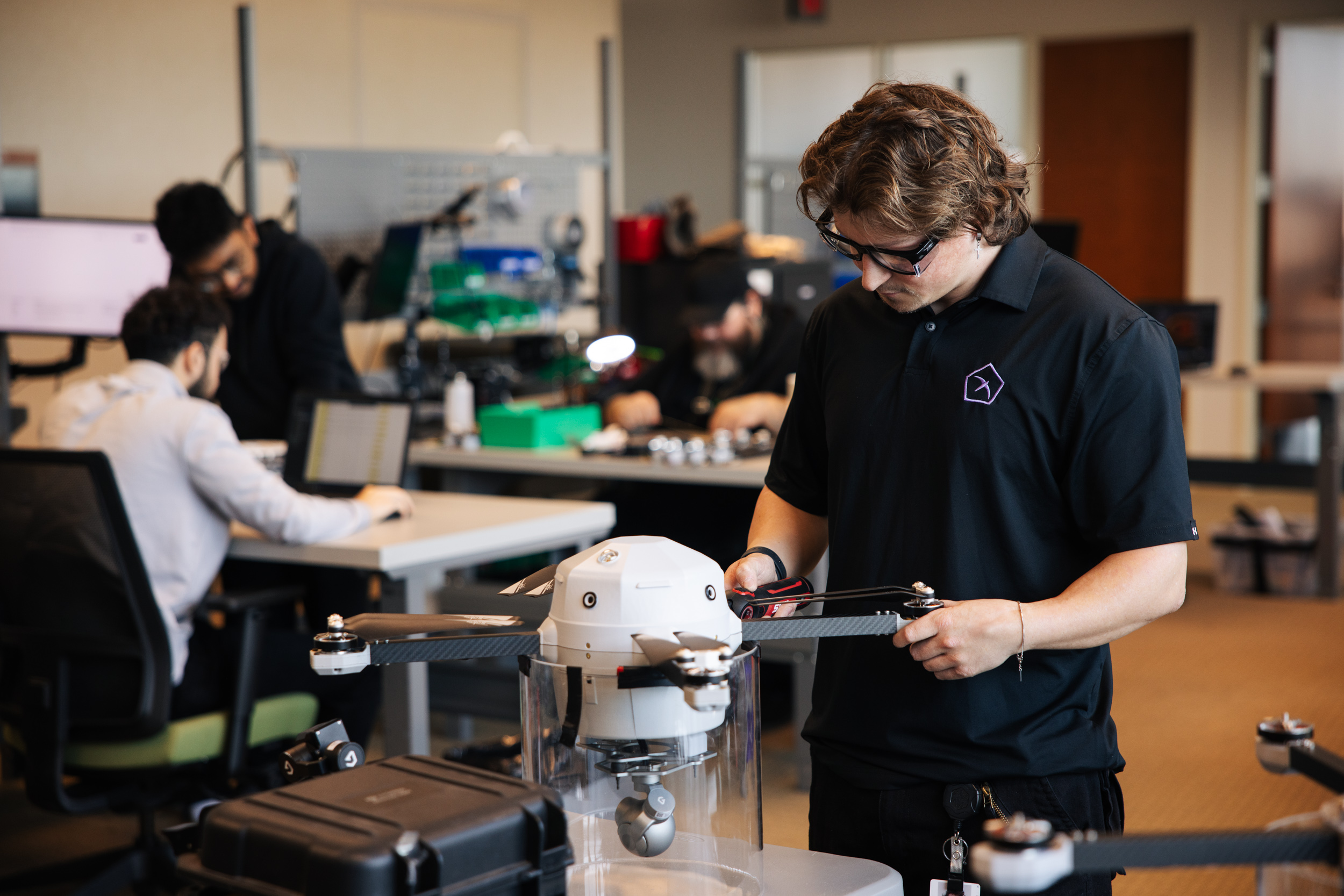 Birdstop engineer assembling a Fealty drone at the Detroit, Michigan manufacturing facility